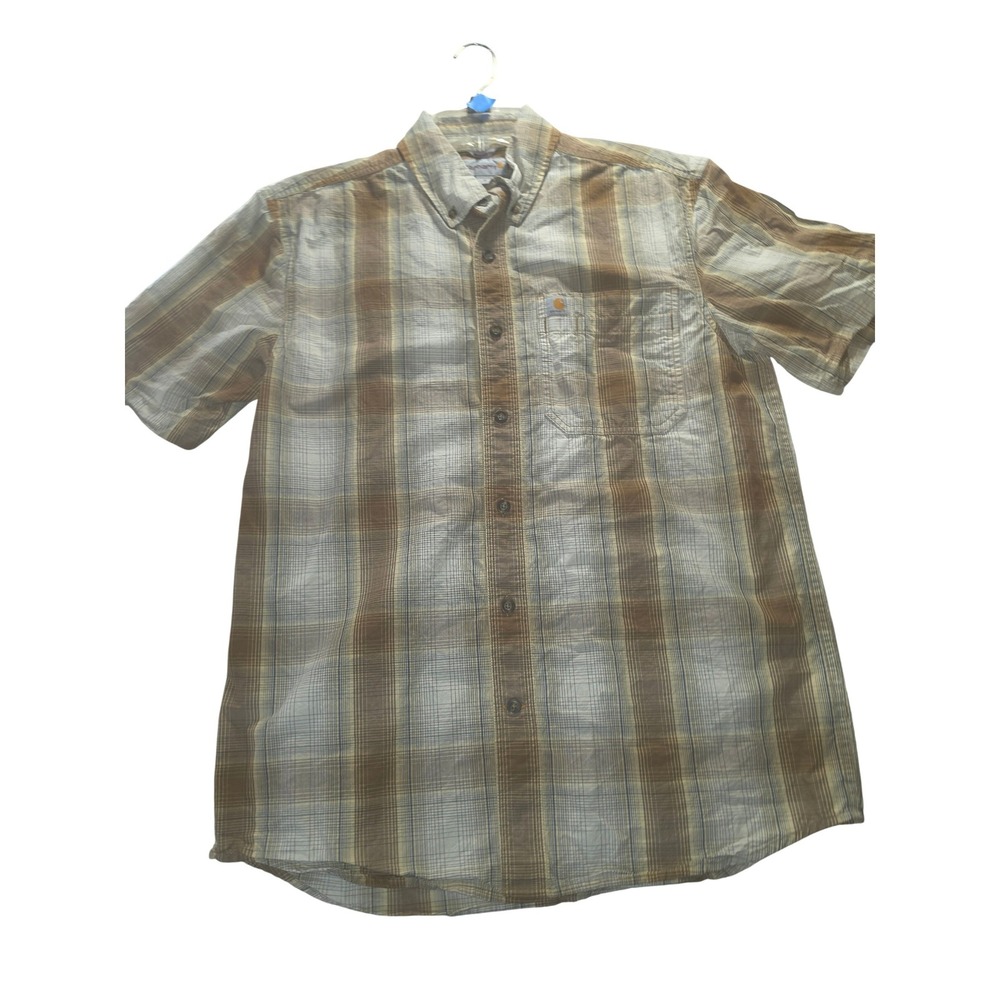 Carhartt Mens Plaid Short Sleeve Button Down Shirt Brown Tan 104174 213 Size M